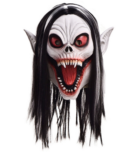 Scary Vampire Demon Latex Mask with Long Black White Hair Halloween Horror Cosplay Mask