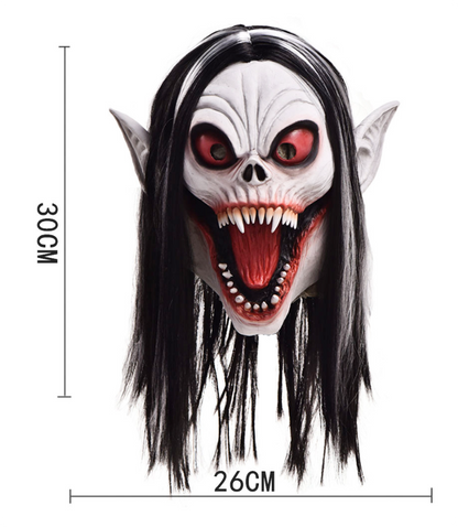 Scary Vampire Demon Latex Mask with Long Black White Hair Halloween Horror Cosplay Mask