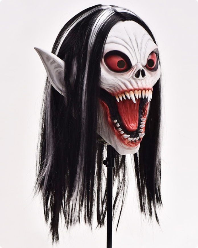 Scary Vampire Demon Latex Mask with Long Black White Hair Halloween Horror Cosplay Mask