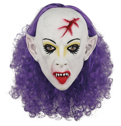 ary Vampire Elf Latex Mask with Purple Curly Hair Halloween Horror Cosplay Mask