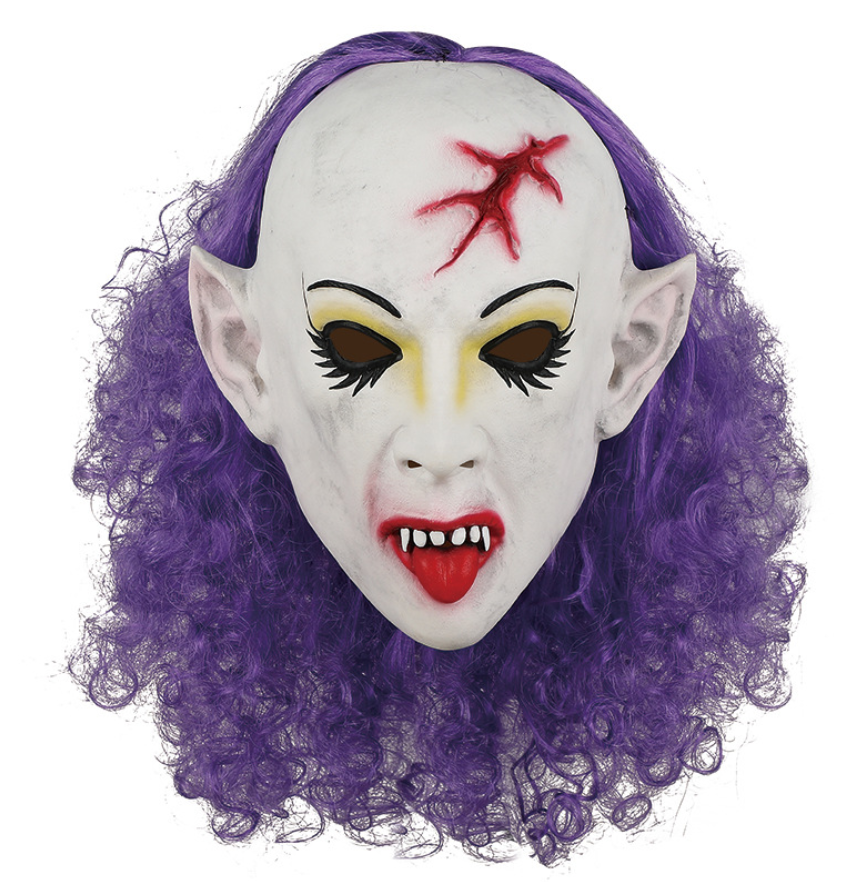 ary Vampire Elf Latex Mask with Purple Curly Hair Halloween Horror Cosplay Mask