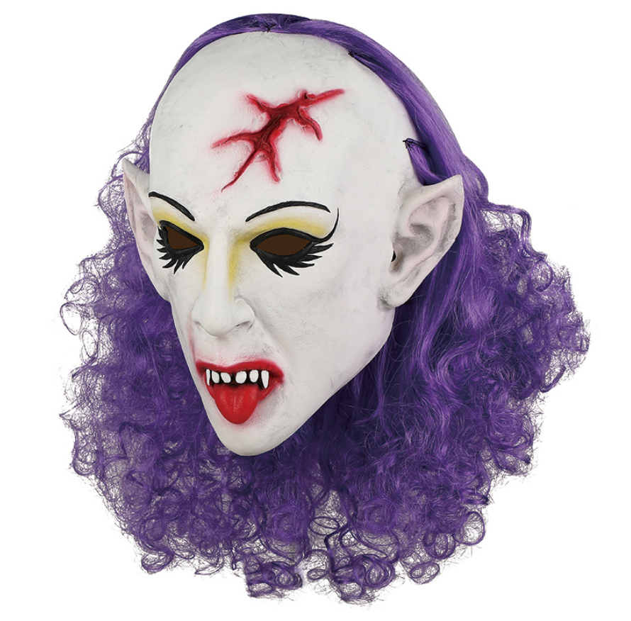 ary Vampire Elf Latex Mask with Purple Curly Hair Halloween Horror Cosplay Mask