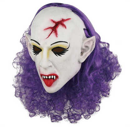 ary Vampire Elf Latex Mask with Purple Curly Hair Halloween Horror Cosplay Mask