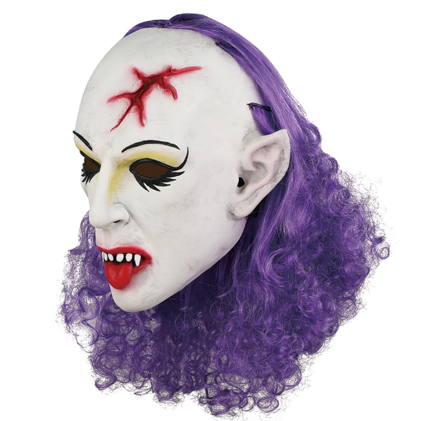 ary Vampire Elf Latex Mask with Purple Curly Hair Halloween Horror Cosplay Mask