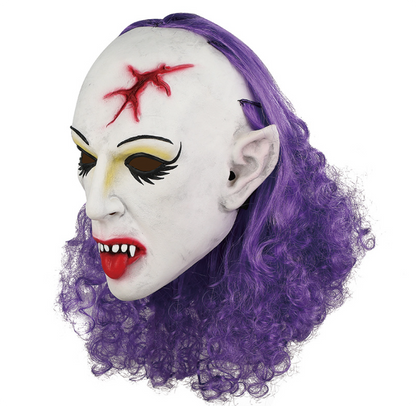ary Vampire Elf Latex Mask with Purple Curly Hair Halloween Horror Cosplay Mask