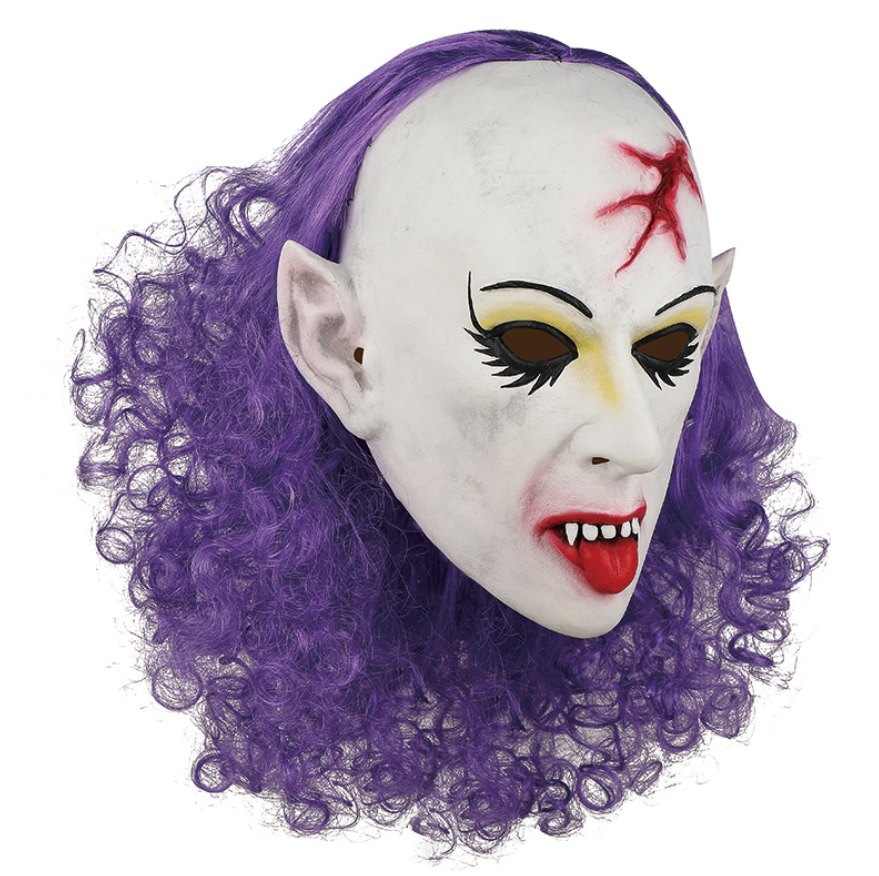 ary Vampire Elf Latex Mask with Purple Curly Hair Halloween Horror Cosplay Mask