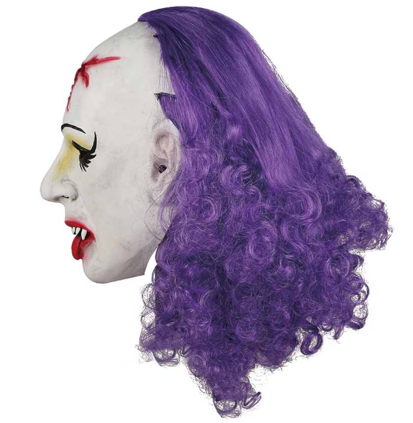 ary Vampire Elf Latex Mask with Purple Curly Hair Halloween Horror Cosplay Mask