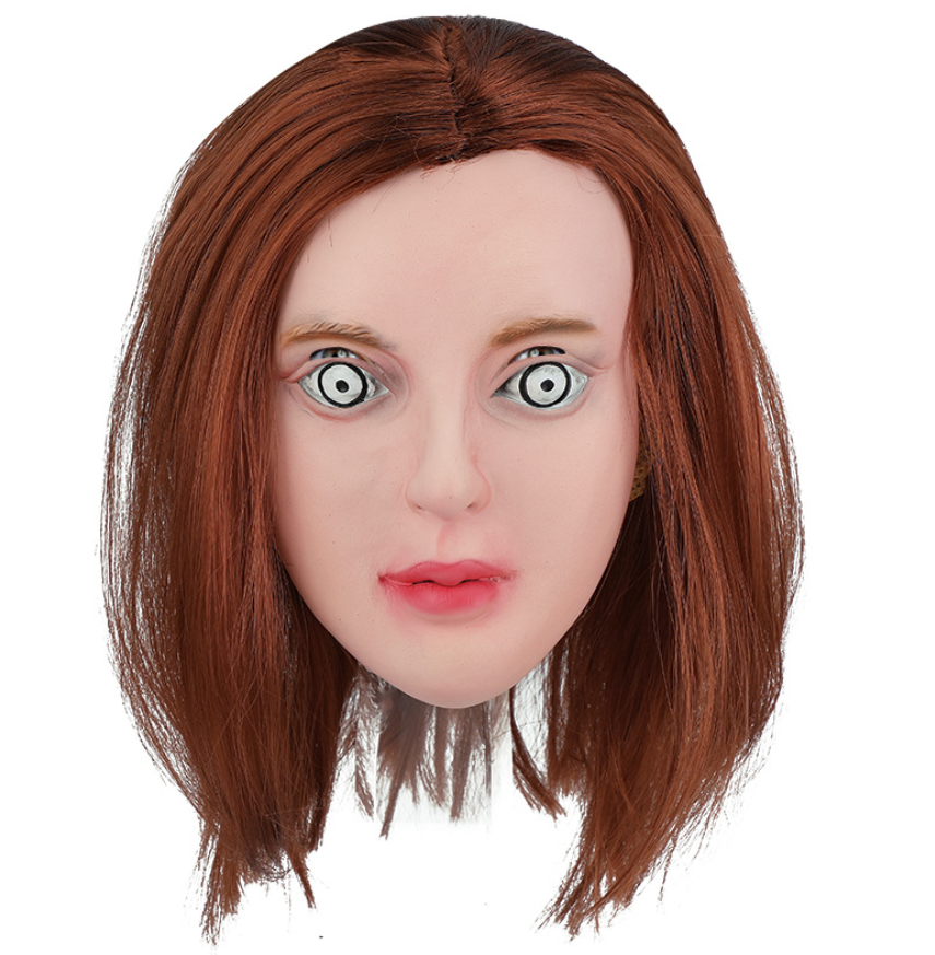 Creepy Doll Lady Latex Mask With Brown Bob Wig Horror Spooky Eyes Halloween Mask