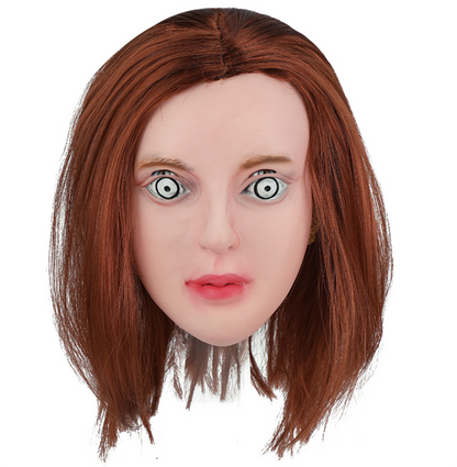 Creepy Doll Lady Latex Mask With Brown Bob Wig Horror Spooky Eyes Halloween Mask