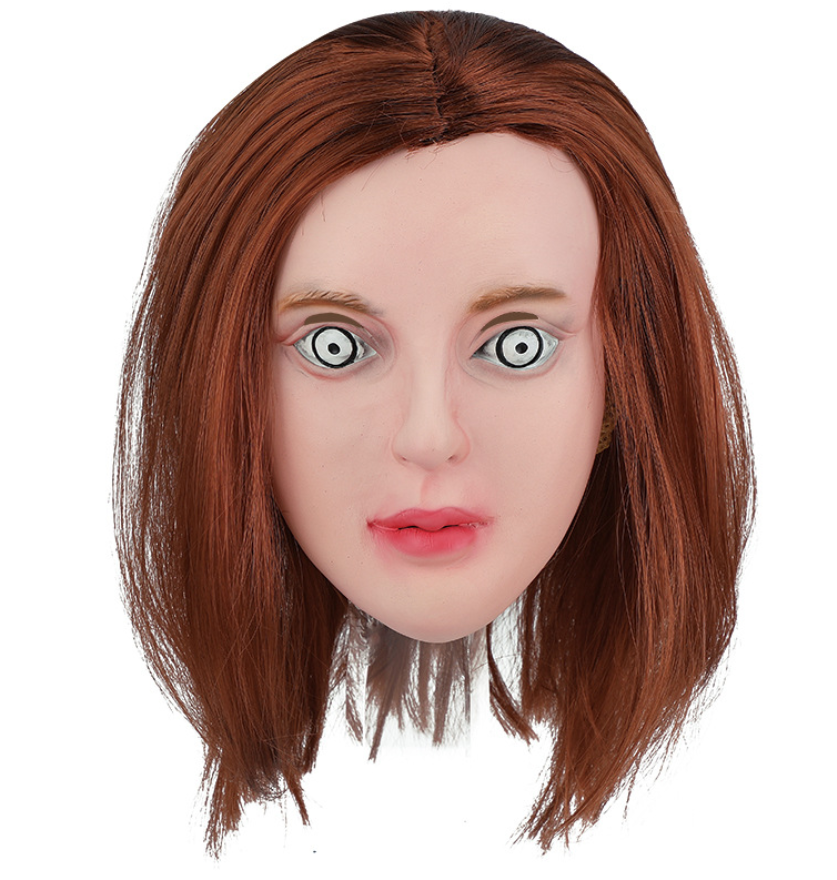Creepy Doll Lady Latex Mask With Brown Bob Wig Horror Spooky Eyes Halloween Mask