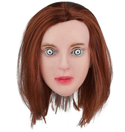 Creepy Doll Lady Latex Mask With Brown Bob Wig Horror Spooky Eyes Halloween Mask