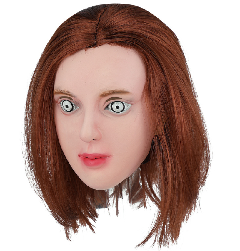 Creepy Doll Lady Latex Mask With Brown Bob Wig Horror Spooky Eyes Halloween Mask