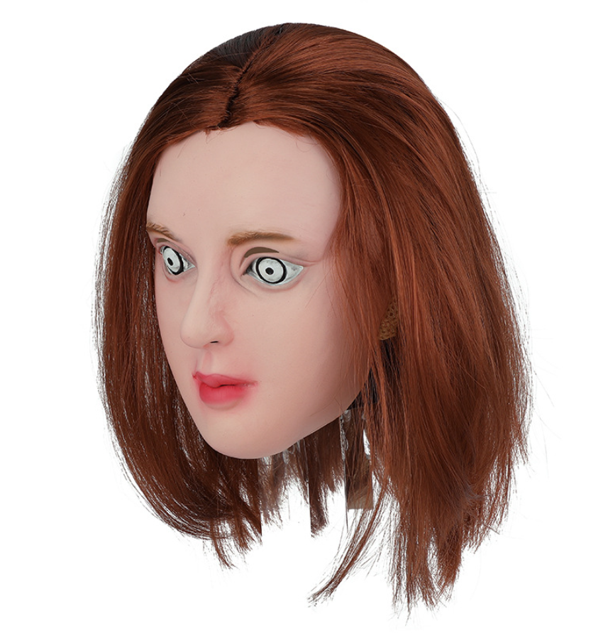 Creepy Doll Lady Latex Mask With Brown Bob Wig Horror Spooky Eyes Halloween Mask