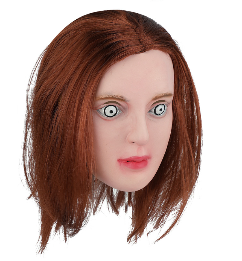 Creepy Doll Lady Latex Mask With Brown Bob Wig Horror Spooky Eyes Halloween Mask