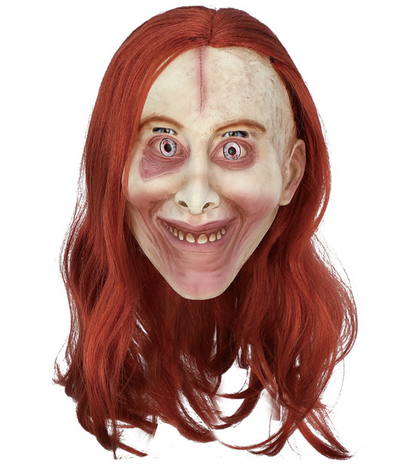 Evil Grinning Witch Latex Mask With Red Long Wig Creepy Stitched Forehead Halloween Mask