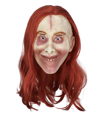 Evil Grinning Witch Latex Mask With Red Long Wig Creepy Stitched Forehead Halloween Mask