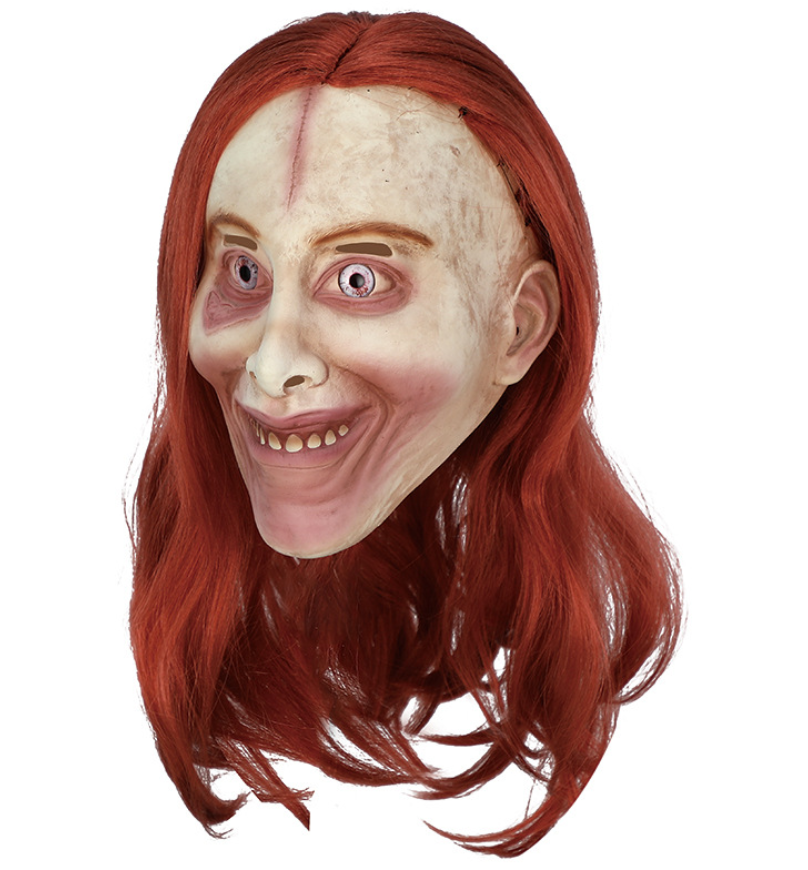 Evil Grinning Witch Latex Mask With Red Long Wig Creepy Stitched Forehead Halloween Mask