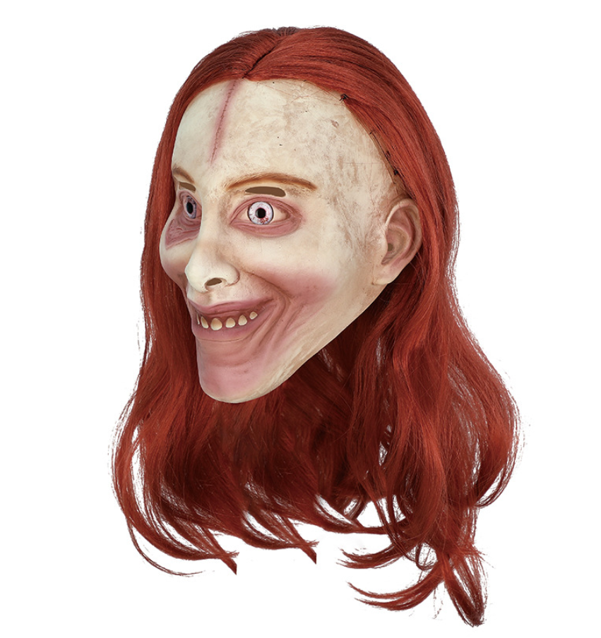 Evil Grinning Witch Latex Mask With Red Long Wig Creepy Stitched Forehead Halloween Mask