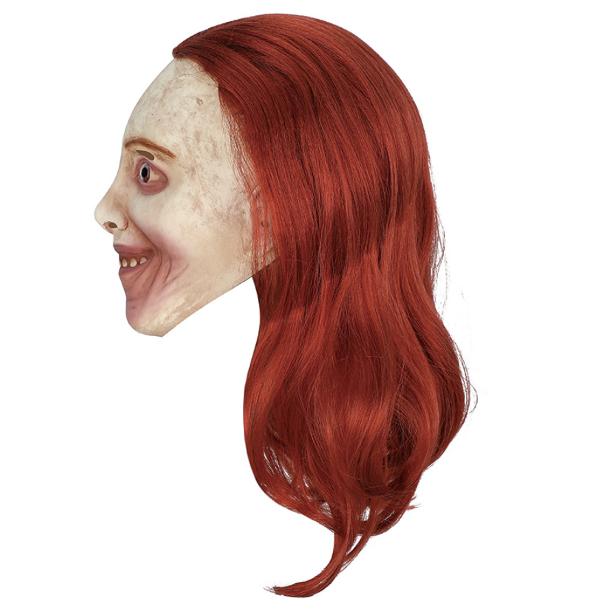 Evil Grinning Witch Latex Mask With Red Long Wig Creepy Stitched Forehead Halloween Mask
