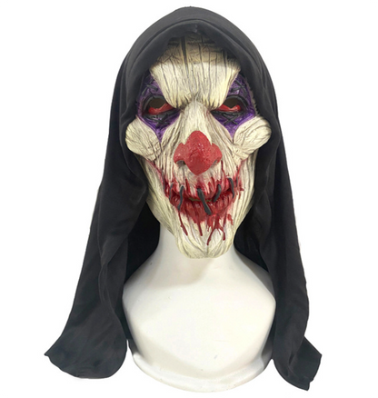 Scary Bloody Clown Latex Mask With Black Hood, Horror Halloween Cosplay Mask Party Costume Prop