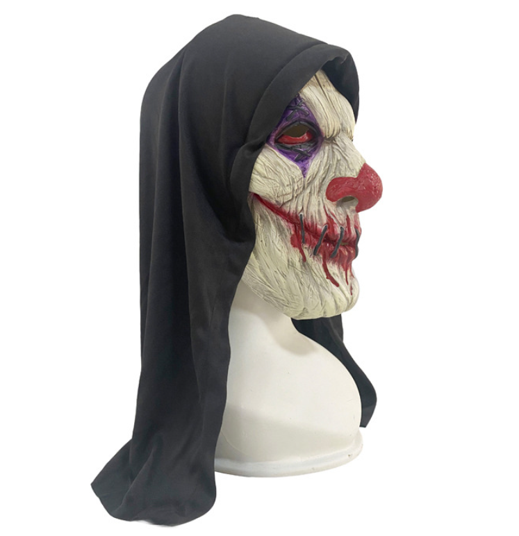 Scary Bloody Clown Latex Mask With Black Hood, Horror Halloween Cosplay Mask Party Costume Prop