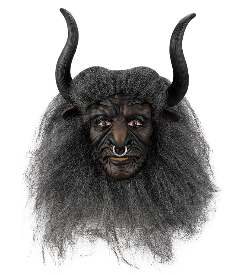 Minotaur Bull Demon Latex Mask with Horns & Hair, Ox Monster Full Head Mask Halloween Cosplay Prop