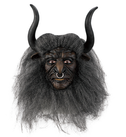 Minotaur Bull Demon Latex Mask with Horns & Hair, Ox Monster Full Head Mask Halloween Cosplay Prop