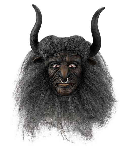 Minotaur Bull Demon Latex Mask with Horns & Hair, Ox Monster Full Head Mask Halloween Cosplay Prop