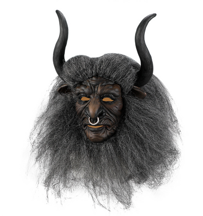 Minotaur Bull Demon Latex Mask with Horns & Hair, Ox Monster Full Head Mask Halloween Cosplay Prop