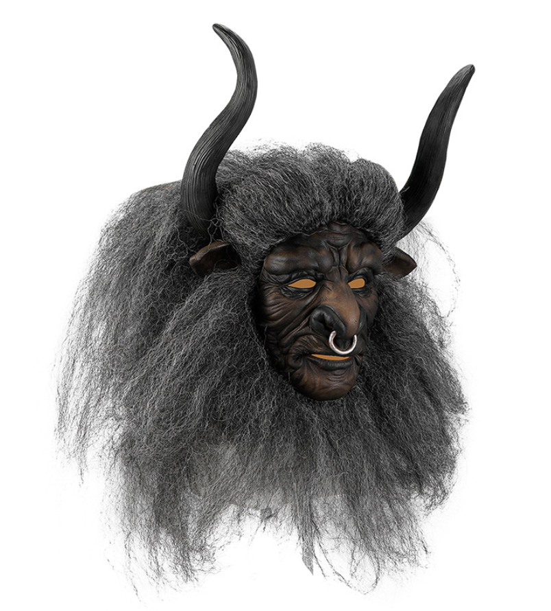 Minotaur Bull Demon Latex Mask with Horns & Hair, Ox Monster Full Head Mask Halloween Cosplay Prop