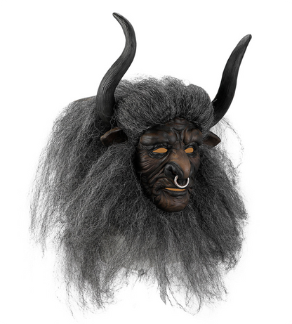 Minotaur Bull Demon Latex Mask with Horns & Hair, Ox Monster Full Head Mask Halloween Cosplay Prop
