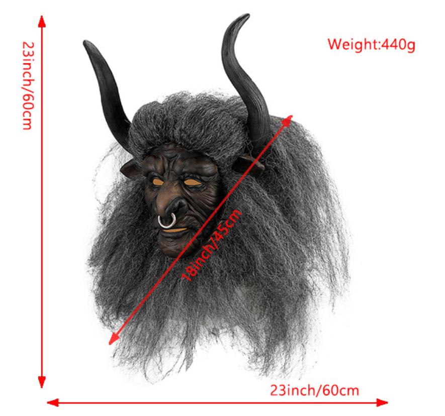Minotaur Bull Demon Latex Mask with Horns & Hair, Ox Monster Full Head Mask Halloween Cosplay Prop