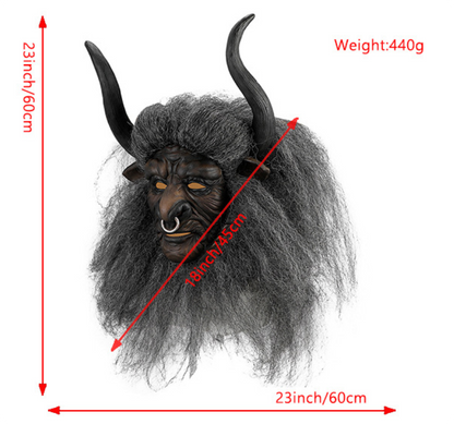 Minotaur Bull Demon Latex Mask with Horns & Hair, Ox Monster Full Head Mask Halloween Cosplay Prop