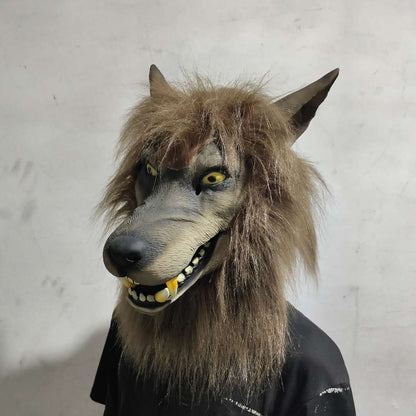 Gruselige Tierwolfkopf-Halloweenmaske aus Latex, Kostüm, volle Kopfbedeckung mit Haaren