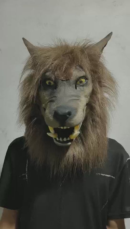 Gruselige Tierwolfkopf-Halloweenmaske aus Latex, Kostüm, volle Kopfbedeckung mit Haaren