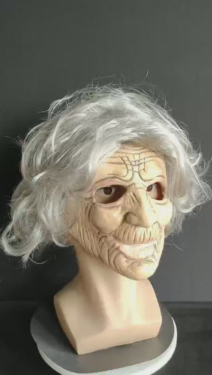 Old Woman Halloween Latex Mask with hair Full Head Cosplay Props